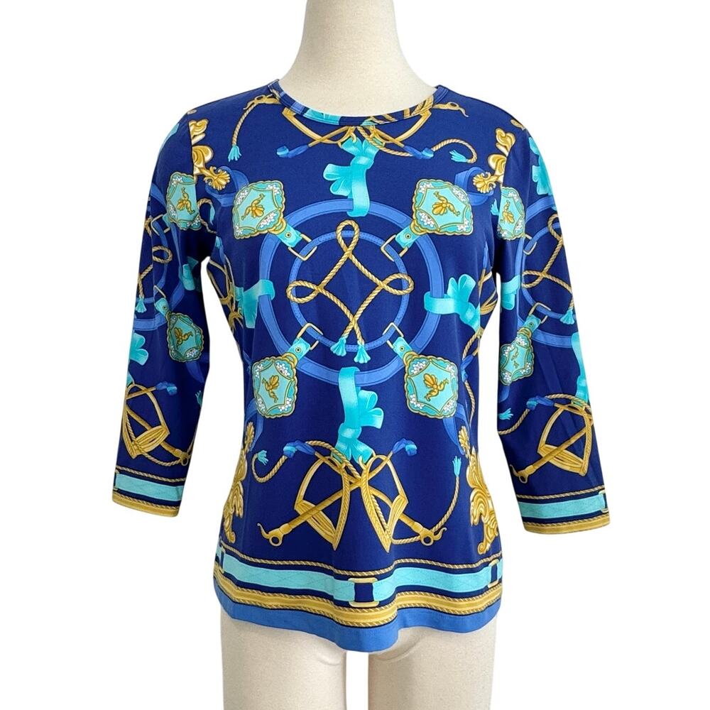 J. McLaughlin Catalina Cloth 3/4 Sleeve Top Blouse Blue Gold Equestrian Chain M